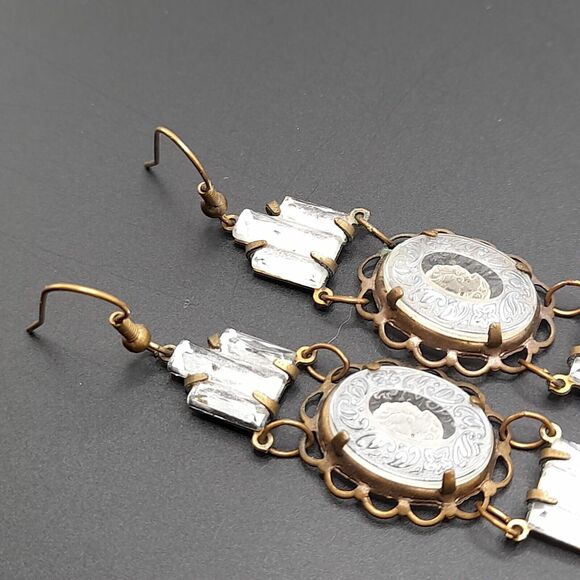 Art Deco Vauxhall Glass Reverse Carved Earrings , 3 1/2 In - Picture 12 of 12